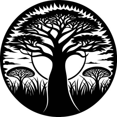 Kalın gövdeli ve dalları yayılmış bir baobab ağacının siyah silueti. Afrika doğa tasarımları, safari logoları, ekolojik kavramlar, seyahat markaları ve minimalist vektör sanat projeleri için mükemmel..