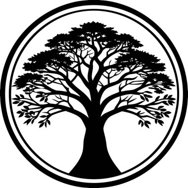 Kalın gövdeli ve dalları yayılmış bir baobab ağacının siyah silueti. Afrika doğa tasarımları, safari logoları, ekolojik kavramlar, seyahat markaları ve minimalist vektör sanat projeleri için mükemmel..