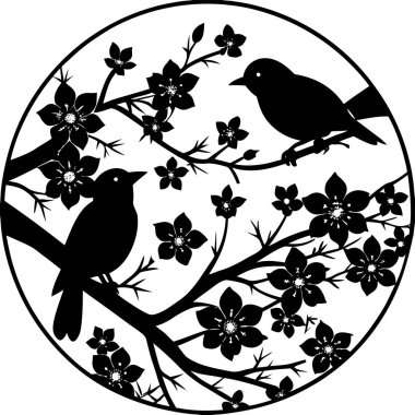 Narin dalları ve çiçekleri olan bir kiraz ağacının siyah silueti. Bahar tasarımları, Japon temaları, doğa logoları, refah markaları ve minimalist çizimler için mükemmel..