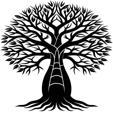 Kalın gövdeli ve dalları yayılmış bir baobab ağacının siyah silueti. Afrika doğa tasarımları, safari logoları, ekolojik kavramlar, seyahat markaları ve minimalist vektör sanat projeleri için mükemmel..