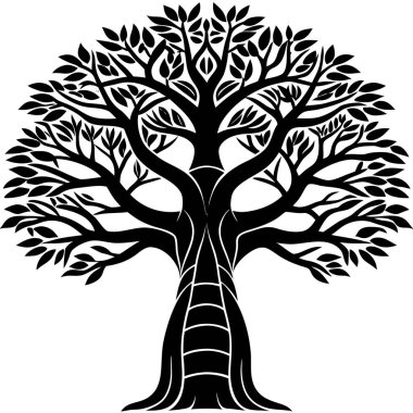 Kalın gövdeli ve dalları yayılmış bir baobab ağacının siyah silueti. Afrika doğa tasarımları, safari logoları, ekolojik kavramlar, seyahat markaları ve minimalist vektör sanat projeleri için mükemmel..