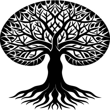 Kalın gövdeli ve dalları yayılmış bir baobab ağacının siyah silueti. Afrika doğa tasarımları, safari logoları, ekolojik kavramlar, seyahat markaları ve minimalist vektör sanat projeleri için mükemmel..