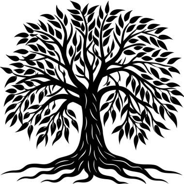 Söğüt ağacının uzun dallı siyah silueti. Doğa ve refah tasarımları, meditasyon temaları, şiirsel sanat eserleri, ekolojik markalaşma, minimalist logolar ve sakin manzara çizimleri için ideal.