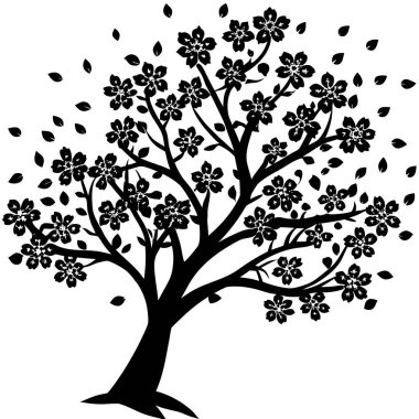 Narin dalları ve çiçekleri olan bir kiraz ağacının siyah silueti. Bahar tasarımları, Japon temaları, doğa logoları, refah markaları ve minimalist çizimler için mükemmel..