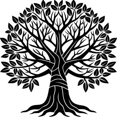 Kalın gövdeli ve dalları yayılmış bir baobab ağacının siyah silueti. Afrika doğa tasarımları, safari logoları, ekolojik kavramlar, seyahat markaları ve minimalist vektör sanat projeleri için mükemmel..