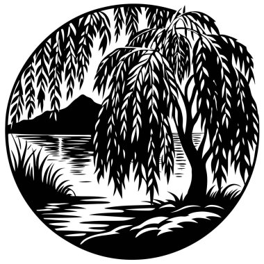 Söğüt ağacının uzun dallı siyah silueti. Doğa ve refah tasarımları, meditasyon temaları, şiirsel sanat eserleri, ekolojik markalaşma, minimalist logolar ve sakin manzara çizimleri için ideal.