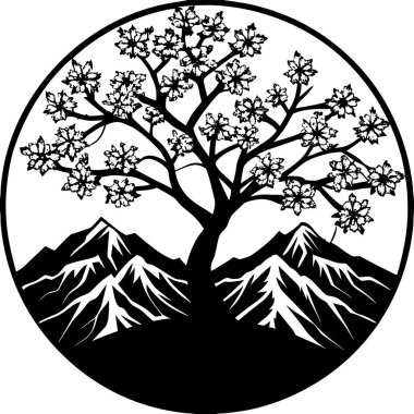 Narin dalları ve çiçekleri olan bir kiraz ağacının siyah silueti. Bahar tasarımları, Japon temaları, doğa logoları, refah markaları ve minimalist çizimler için mükemmel..