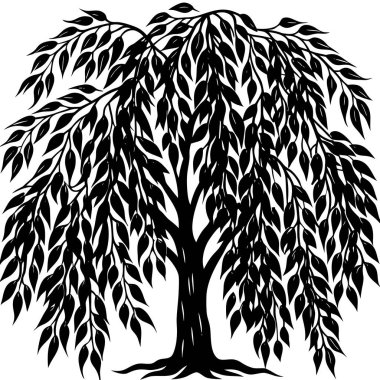 Söğüt ağacının uzun dallı siyah silueti. Doğa ve refah tasarımları, meditasyon temaları, şiirsel sanat eserleri, ekolojik markalaşma, minimalist logolar ve sakin manzara çizimleri için ideal.