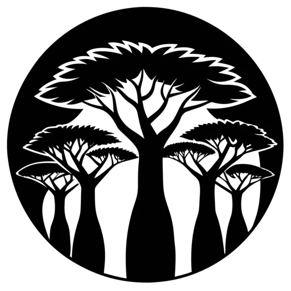 Kalın gövdeli ve dalları yayılmış bir baobab ağacının siyah silueti. Afrika doğa tasarımları, safari logoları, ekolojik kavramlar, seyahat markaları ve minimalist vektör sanat projeleri için mükemmel..