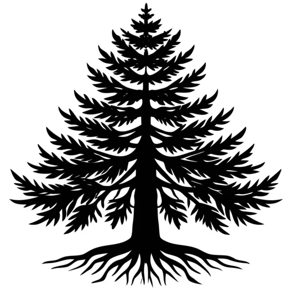 Detaylı dalları olan bir çam ağacının siyah silueti. Açık hava markalaşması, kış teması, kamp grafikleri, yürüyüş tasarımları, ekolojik logolar, minimalist manzaralar ve Noel süslemeleri için mükemmel..