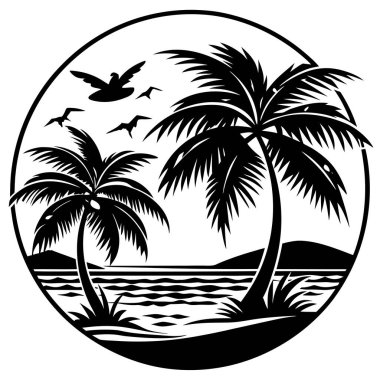 Palm Tree Siluet Vektörü Tropikal Plaj Logosu ve Seyahat ve Tatil için Yaz Doğası Simgesi. Vektör illüstrasyonu