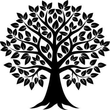 Meşe Ağacı Silueti Vektörü Kara Doğa Logosu ve Çevre Markası için Soyut Ağaç Amblemi. Vektör illüstrasyonu