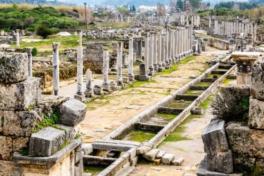 Türkiye 'nin Antalya kenti yakınlarındaki antik Perge kentinde harabe mermer sütunlar