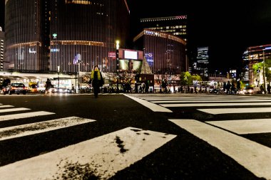 Tokyo, Japonya - 14 Ocak 2010: Tokyo Ginza Bölgesi 'nin kalbinde karşıdan karşıya geçen yayalar. Ginza gece karşıya geçiyor. Bulanık hareket.