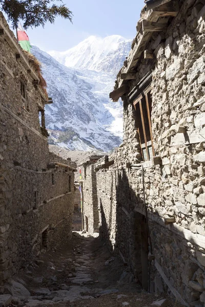Wąska Kamienna Uliczka Małej Wiosce Manang Nepal Annapurna Circle — Zdjęcie stockowe
