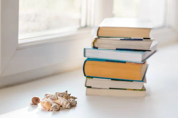 Sommerliche Komposition Mit Einem Stapel Bücher Und Muscheln Sommersaisonkonzept Kopierraum — Stockfoto