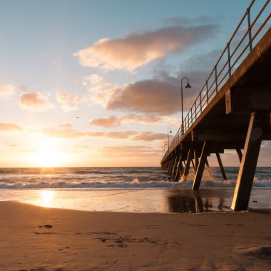 Glenelg Jetty gün batımında. Güney Avustralya, Adelaide. Deniz manzarası