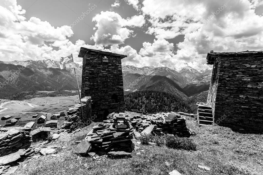 Watchtower made of shale stone. Kvemo (Upper) Omalo in Georgian Caucasus in Tusheti region