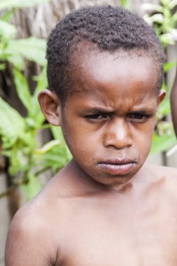 Wamena, Indonesia - January 9, 2010: Portret of Dani tribe child. Boy looking at the camera, Papua New Guinea.