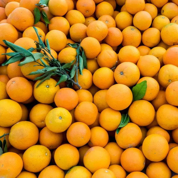 Fresh juicy organic oranges on the farmers market. Close-up orange background. Healthy vegan food.