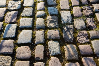 Yeşil yosunlu eski taş kaldırım. Desen kaba arkaplan