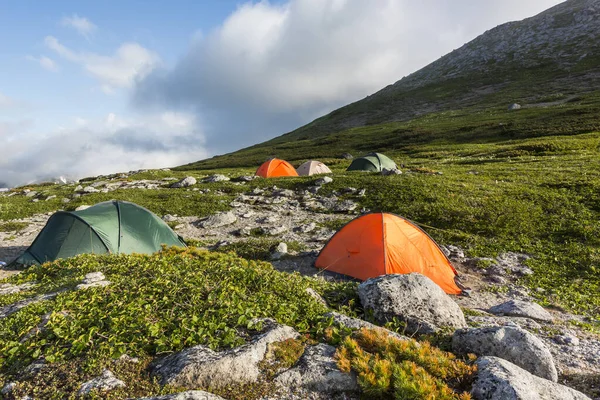 Tourist tents in the mountains. Kamchatka, Russia