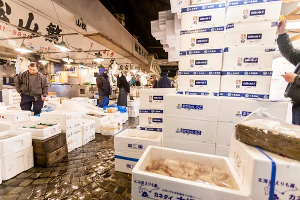 Tokio Japan Januari 2010 Vroege Ochtend Tsukiji Vismarkt Doos Met — Stockfoto