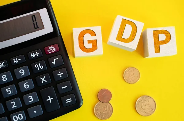 Block Word Gdp Gross Domestic Product Coin Decrease Trend Wood — Stock Photo, Image