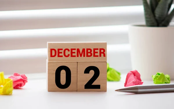 Calendario Forma Cubo Para Diciembre Superficie Madera Con Espacio Vacío — Foto de Stock