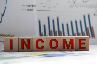 Tahta bloğa yazılmış INCome metni ve beyaz arkaplanda izole edilmiş bozuk paralar.