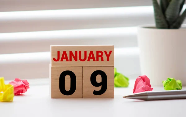 Calendario Madera Enero Sobre Fondo Blanco Cerca — Foto de Stock