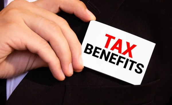 Businessman Putting Card Text Tax Benefits Pocket — Stock Photo, Image