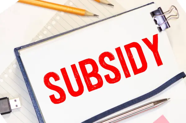 Beyaz arkaplanda SUBSIDY metin ile kırmızı kalem ve not defteri