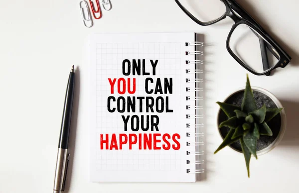 Handwriting text writing Only You Can Control Your Happiness.. Concept meaning Personal Self-motivation inspiration Marker over notebook crumpled papers ripped pages several tries mistakes.