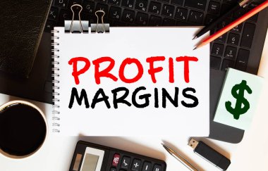 Beyaz arkaplanda metin PROFIT MARGIN içeren kırmızı kalem ve not defteri.