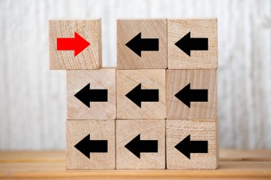 Ahşap küp, karşı tarafa bakan kırmızı oku, farklı düşünme kavramını, liderlik anlayışını, insan yönetimini ve kalabalıktan uzak durmayı temsil eder.