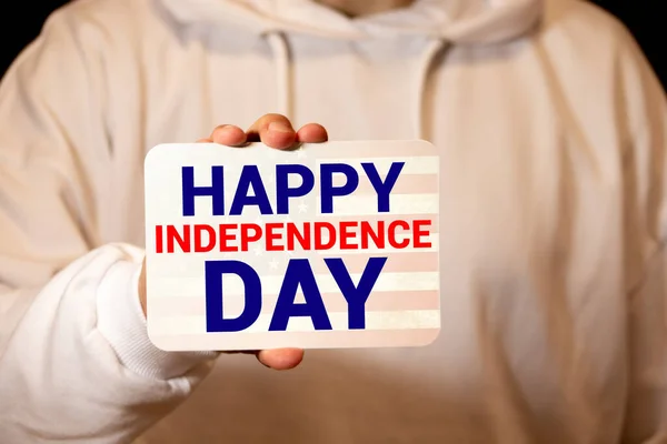 Happy Independence Day Inscription Hands Young Man — Stock Photo, Image