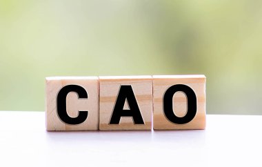 Kelime CAO gri bir arka planda ahşap yapı taşlarından yapılmış