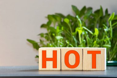 Sıcak sözcüğüyle üç tahta küp, beyaz masada, arka planda daha fazla, sağ köşede metin için boşluk.