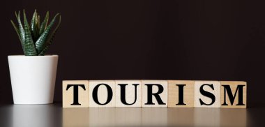 Turizm yoksunluğu - tahtadan bloklardan gelen harfler, turizm pazarlama taktikleri daha seyrek görülen yerler turizm konsepti, gri arka plan.