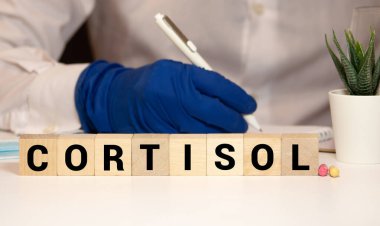CORTISOL kelime yapı taşları ile yapılır. Ön manzara. Gri arkaplan üzerindeki CORTISOL metin desing, konsept için.