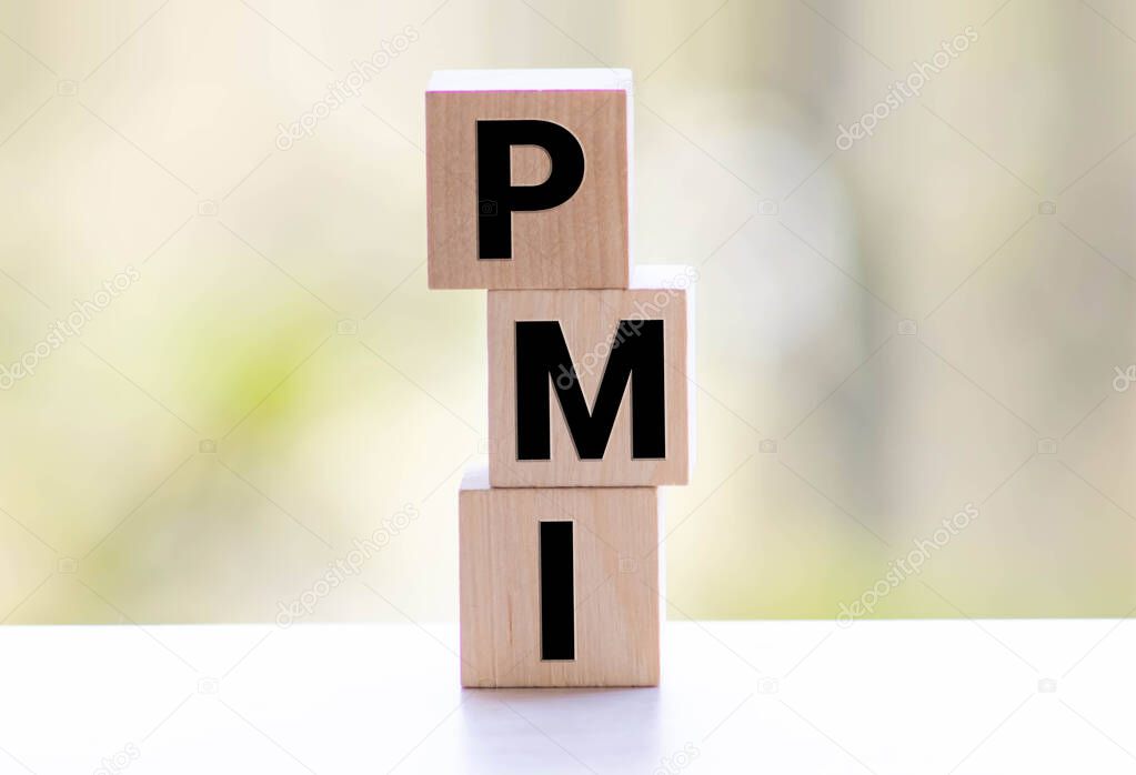PMI - acronym from wooden blocks with letters, abbreviation PMI Private Mortgage Insurance, Purchasing Managers Index concept, random letters around, white background