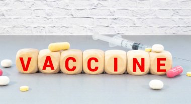 Beyaz arkaplanda izole edilmiş tahta blok küpleri üzerine yazılmış VACCINE kelimesi