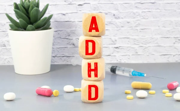 Adhd Förkortning Träklossar Adhd Uppmärksamhetunderskott Hyperactivity Oordning Närbild Vignette — Stockfoto