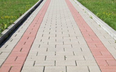 Tuğla yolu ya da perspektifli kaldırım tuğlaları yansıtan yumuşak güneş ışığıyla mesafeye gidiyor. Dışarıda çimenlerle kaplı uzun kaldırımlı tuğla patika..