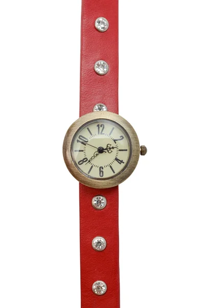 Zegarek na rękę z czerwonym paskiem na białym tle — Zdjęcie stockowe