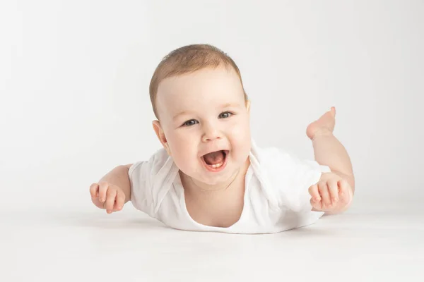 Portrait Smiling Baby Lying His Stomach — Stock Photo, Image