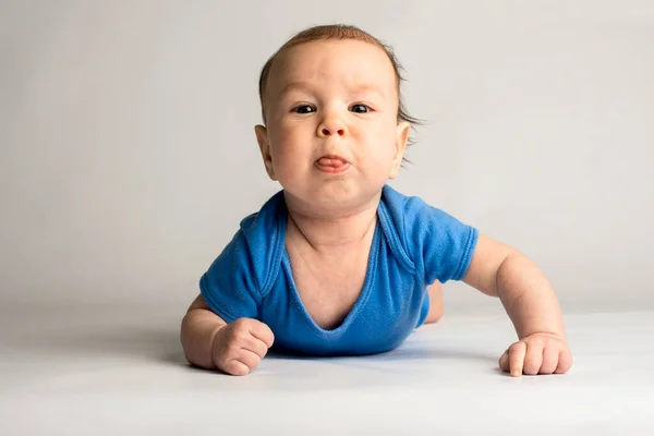 Demanding Wayward Stubborn Baby Baby Blue Clothes White Background — Stock Photo, Image