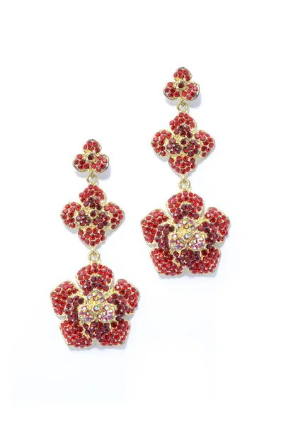Earrings  red flowers on a white background — Stock Photo, Image