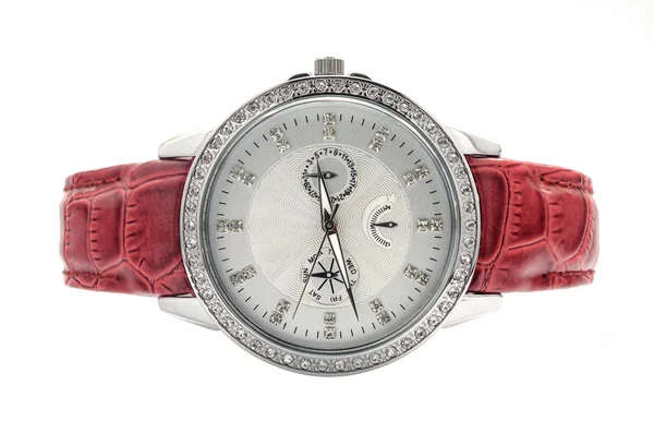 Zegarek na rękę z skórzany pasek i diamenty — Zdjęcie stockowe